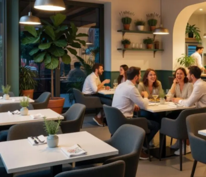 Ambiance de bistro en soirée avec lumières douces et convives attablés