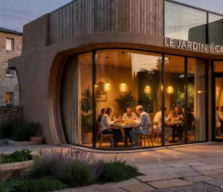 Façade de l'éco-bistro Toopchoixfr en soirée, ambiance chaleureuse et minimaliste.