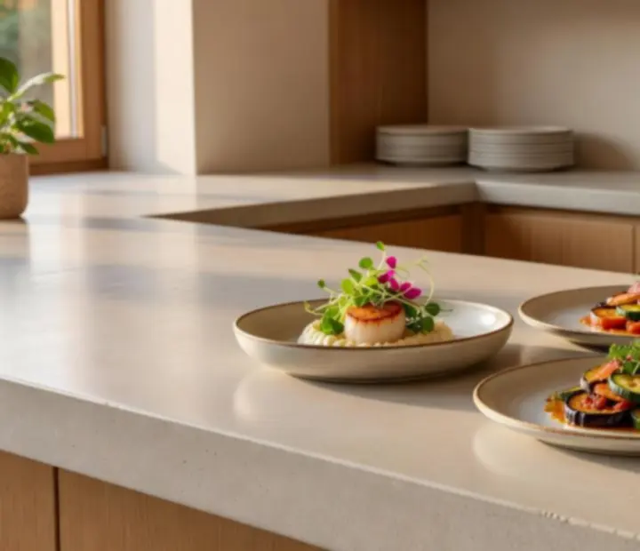 Assiette moderne de gastronomie végétale sur un comptoir en béton