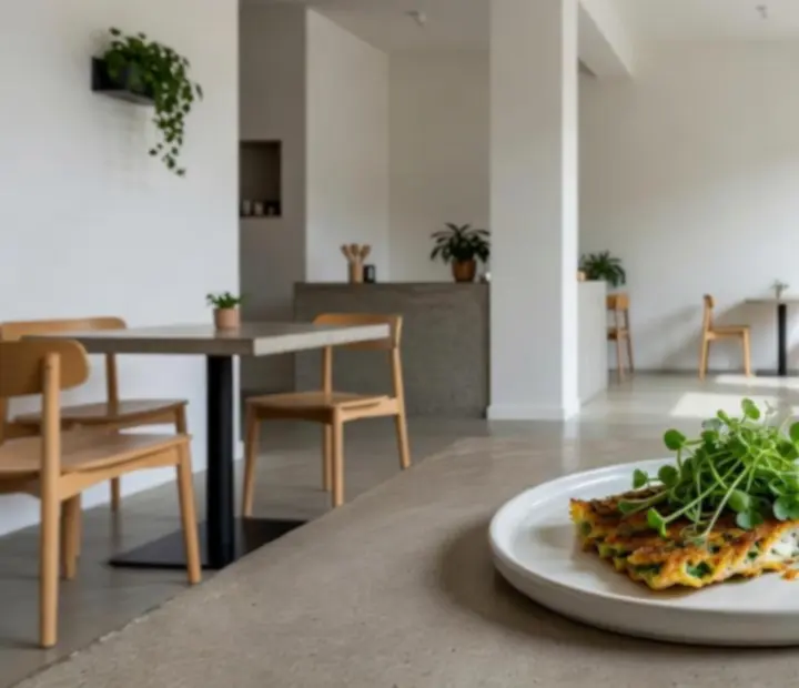 Assiette contemporaine de légumes de saison et micro-pousses dans un eco-bistro urbain