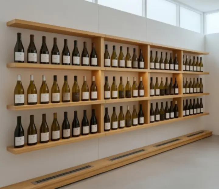 Cave à vins moderne et lumineuse avec rangements en bois clair