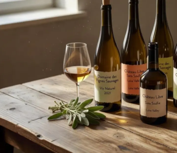 S&eacute;lection de bouteilles de vins naturels fran&ccedil;ais sur comptoir en b&eacute;ton