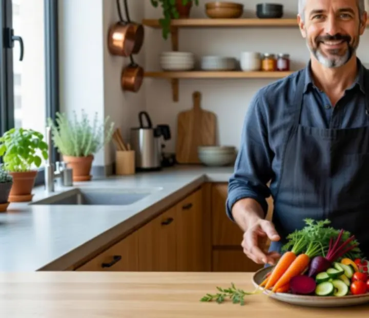 Chef invité dressant une assiette contemporaine dans une cuisine ouverte.