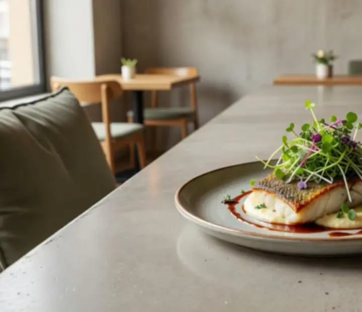 Table de dégustation moderne avec assiettes de saison dans un eco-bistrot parisien.