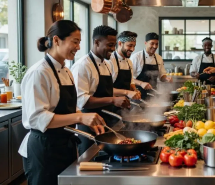 Brigade de cuisine au travail dans un bistro moderne à l'ambiance nordique.