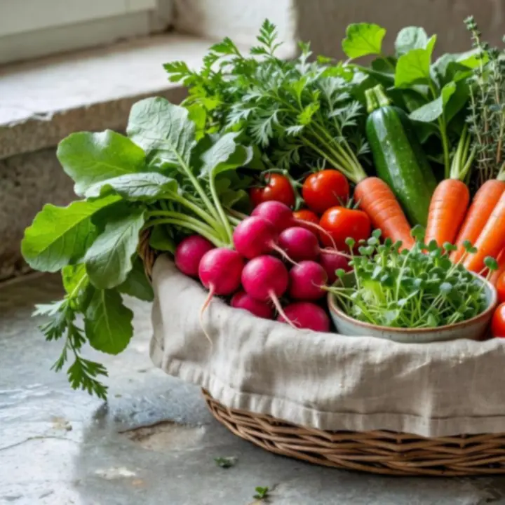 Produits de saison issus de fermes locales françaises, disposés sur un plan de travail
