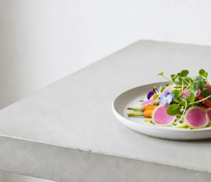 Assiette moderne de bistro sur comptoir en b&eacute;ton avec micro-pousses