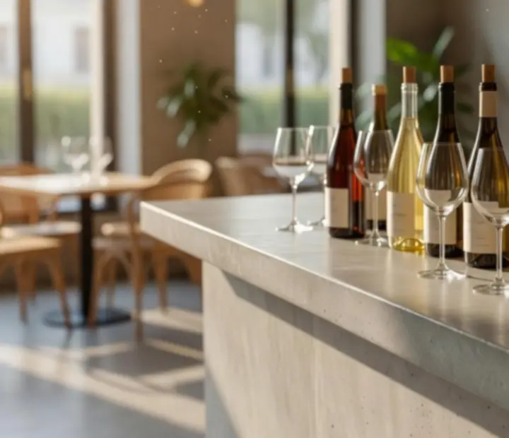 Alignement de bouteilles de vins naturels sur un bar en béton moderne