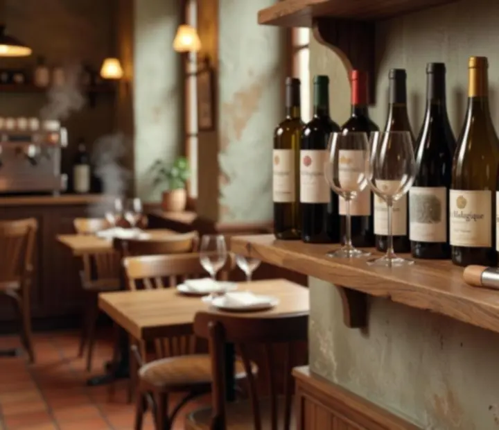 Sélection de bouteilles de vins naturels français dans un bar à vin moderne