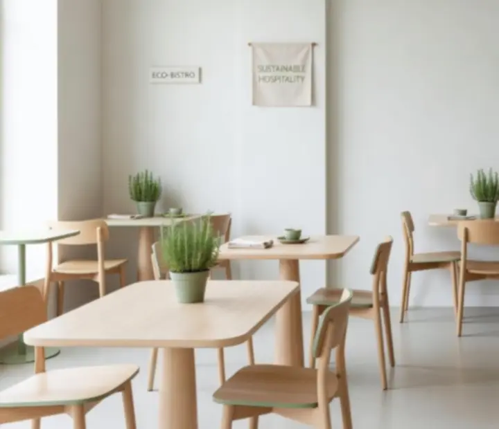Intérieur d'eco-bistro nordique, murs blancs, touches de vert et lignes géométriques.