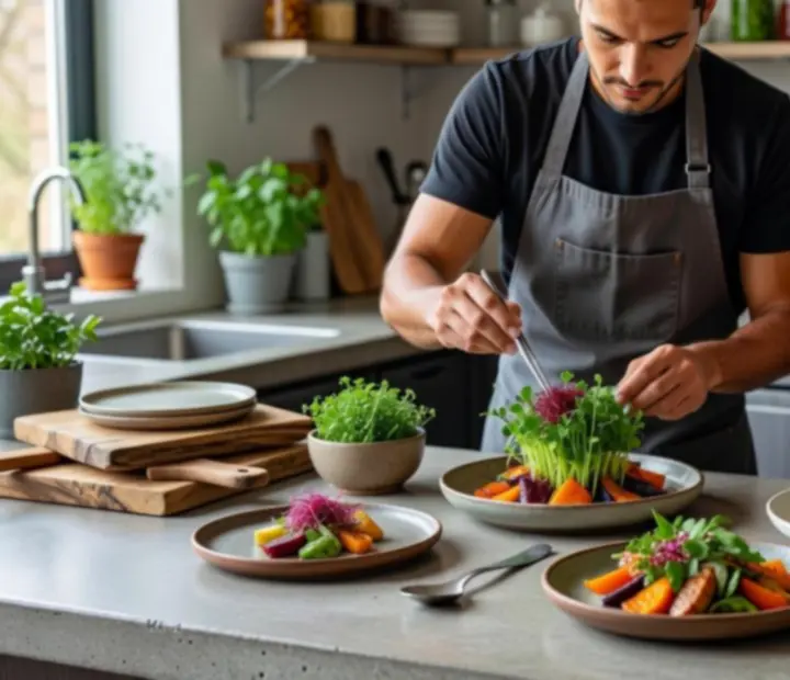 Chefs en action dans la cuisine ouverte de l'éco-bistro Toopchoixfr, travaillant des produits ultra-locaux.