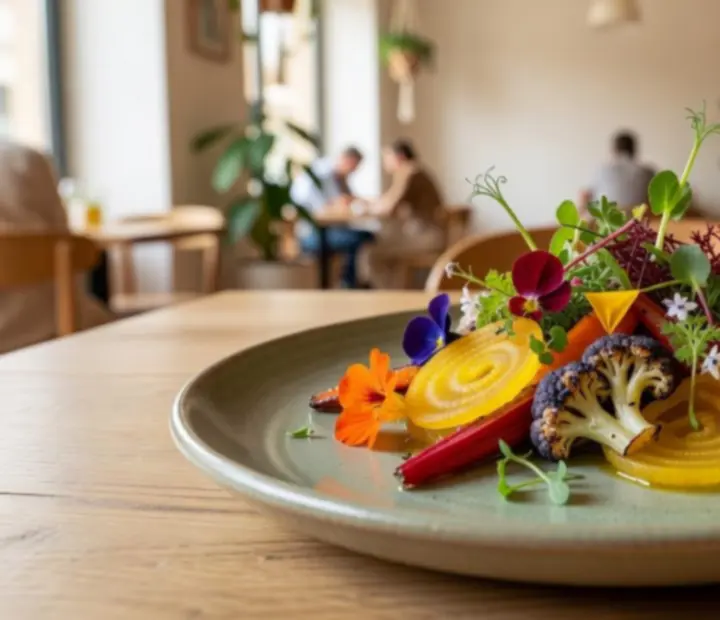 Assiette 100% v&eacute;g&eacute;tale color&eacute;e, micro-pousses et l&eacute;gumes de saison
