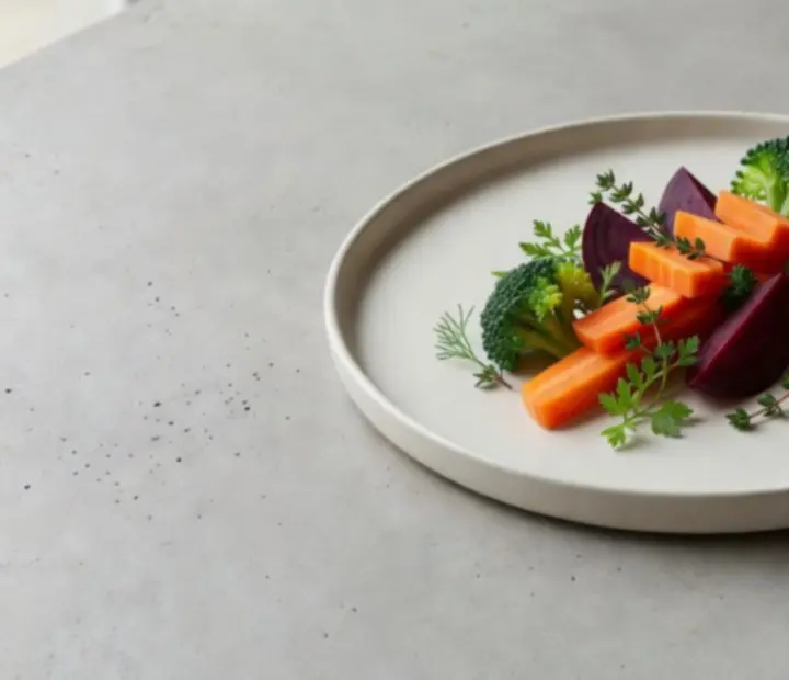 Assiette minimaliste dressée sur un comptoir en béton, avec une présentation graphique et colorée