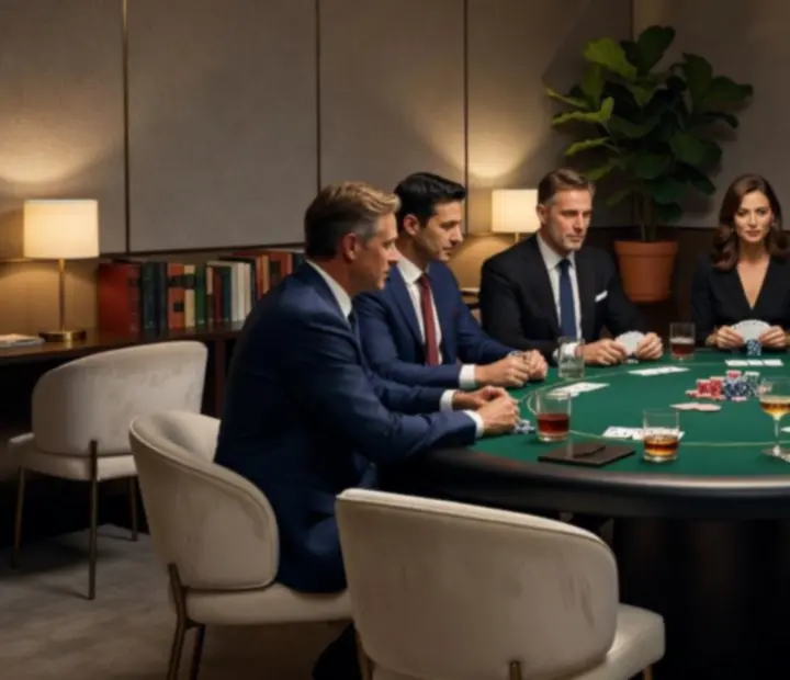 Table de poker élégante dans un lounge insonorisé à la lumière tamisée.