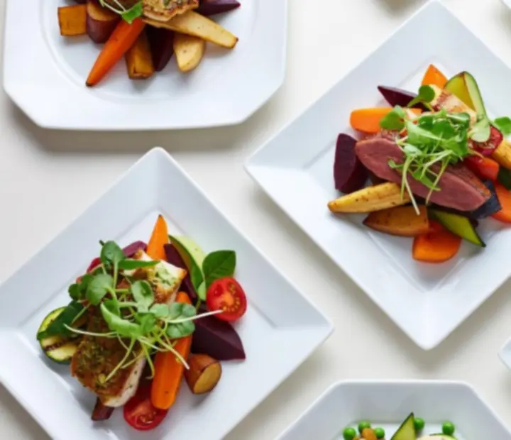 Détails de plats de saison garnis de micro-pousses.